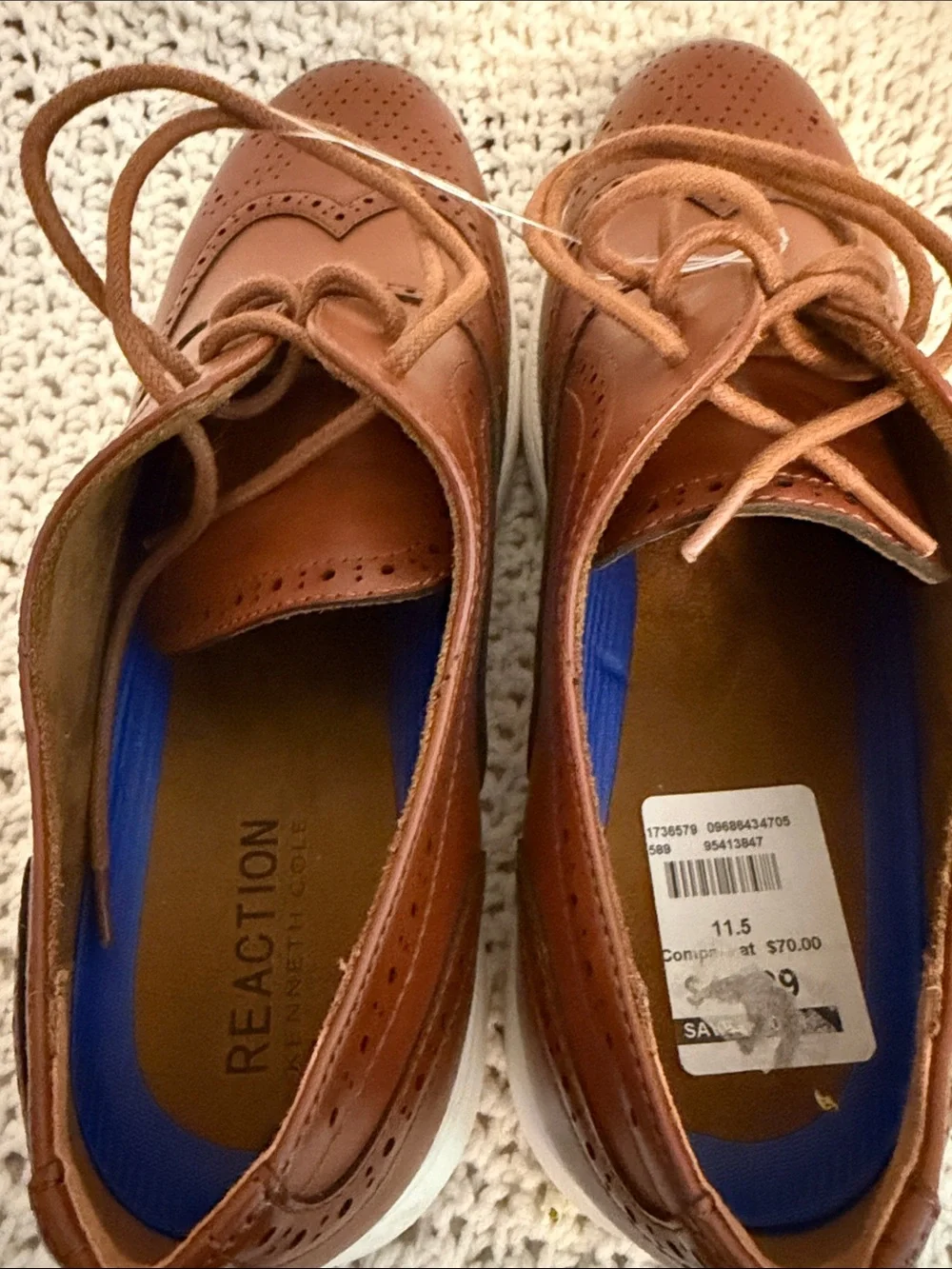 Reaction Kenneth Cole Men's Tan Leather Wingtip Derbys with White Sole size 11.5